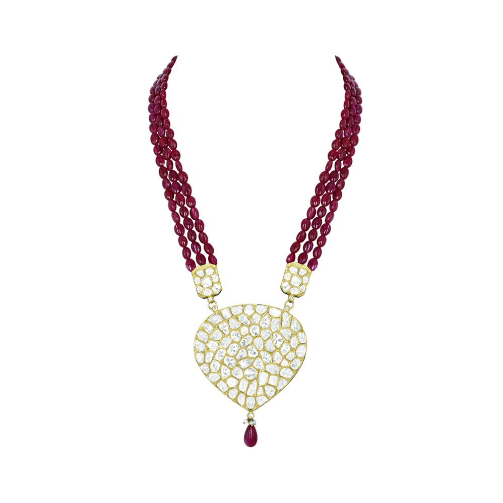 Pear-Shaped Polki Pendant with Ruby Maniya and Drop